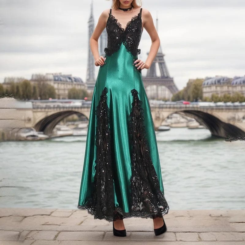 OUDINA 2024 New Suspender Dress Temperament Sexy Patchwork Slimming Satin Long Lace Evening Dress