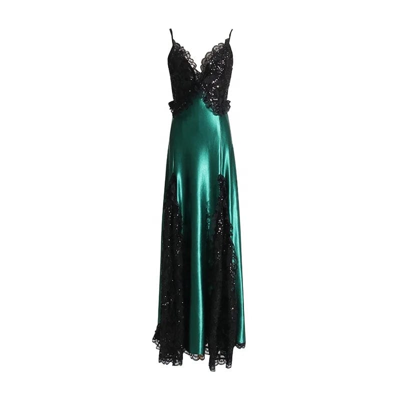 OUDINA 2024 New Suspender Dress Temperament Sexy Patchwork Slimming Satin Long Lace Evening Dress