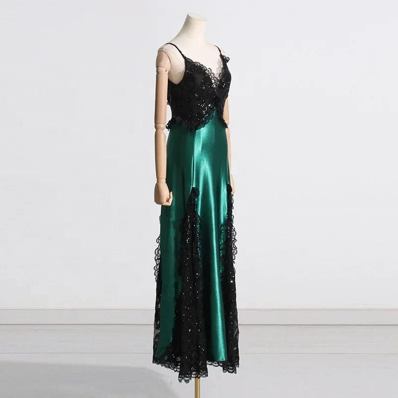 OUDINA 2024 New Suspender Dress Temperament Sexy Patchwork Slimming Satin Long Lace Evening Dress