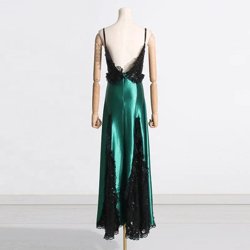 OUDINA 2024 New Suspender Dress Temperament Sexy Patchwork Slimming Satin Long Lace Evening Dress