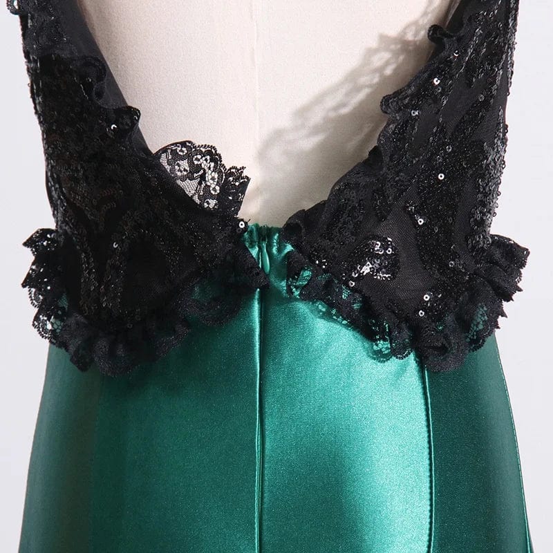 OUDINA 2024 New Suspender Dress Temperament Sexy Patchwork Slimming Satin Long Lace Evening Dress