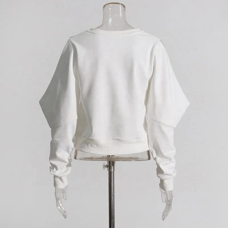 OUDINA 2024 Simple Casual Style Crop Top Spring New Hollow Off Shoulder Loose Solid Color Versatile Woman Sweatshirt