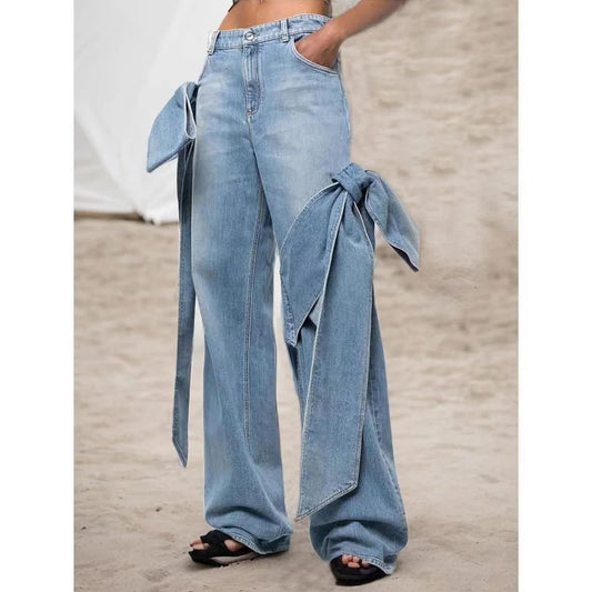 OUDINA 2024 Spring New Retro Washed Pants Distressed Stitching Bow Design High Waist Straight Jeans for Women