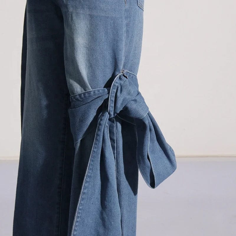 OUDINA 2024 Spring New Retro Washed Pants Distressed Stitching Bow Design High Waist Straight Jeans for Women