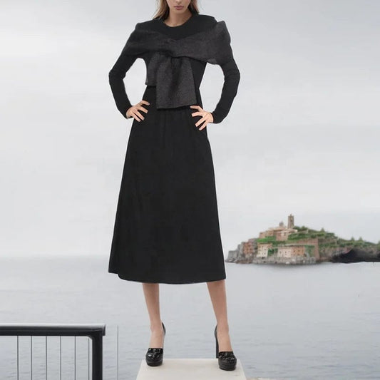 OUDINA 2024 Spring New Round Neck Front Bow  Tie Dress Long-sleeved Mid-length Women's Solid Color Elegant Dresses