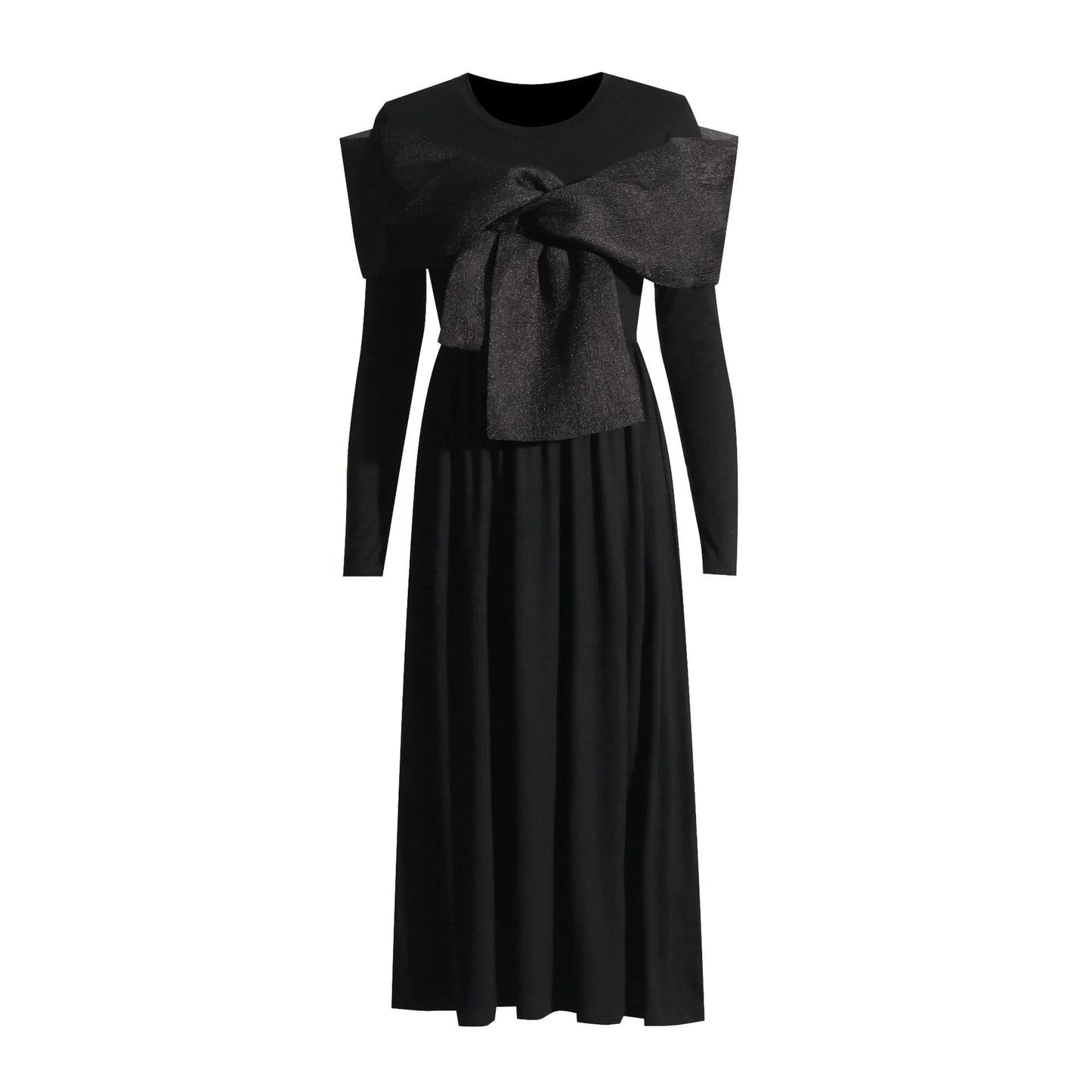 OUDINA 2024 Spring New Round Neck Front Bow Tie Dress Long-sleeved Mid-length Women's Solid Color Elegant Dresses