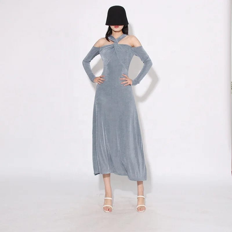 OUDINA 2024 Spring New Style Long Sleeve Crossover Neckline Design Off Shoulder Dress Slim Long Women's Dresses