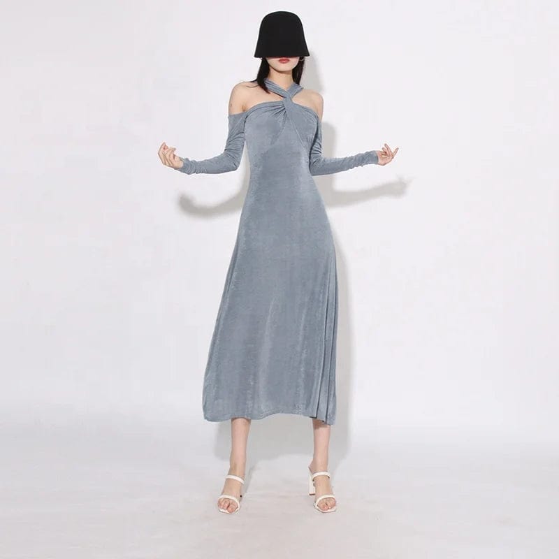 OUDINA 2024 Spring New Style Long Sleeve Crossover Neckline Design Off Shoulder Dress Slim Long Women's Dresses