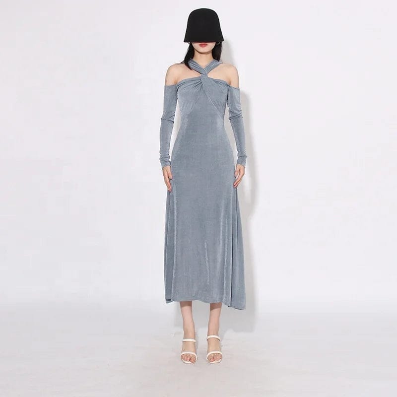 OUDINA 2024 Spring New Style Long Sleeve Crossover Neckline Design Off Shoulder Dress Slim Long Women's Dresses