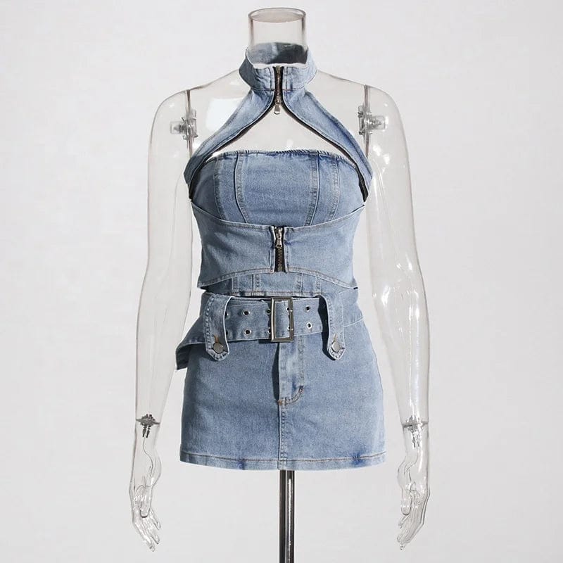 OUDINA 2024 Spring New Style Sexy Halterneck Off-shoulder Short Denim Vest Tight Mini Skirt Women Two Piece Set