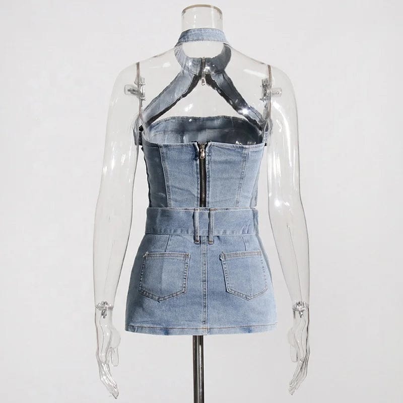 OUDINA 2024 Spring New Style Sexy Halterneck Off-shoulder Short Denim Vest Tight Mini Skirt Women Two Piece Set