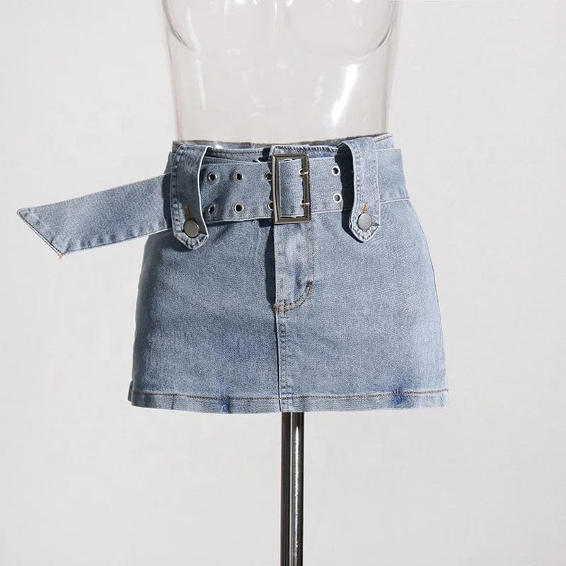 OUDINA 2024 Spring New Style Sexy Halterneck Off-shoulder Short Denim Vest Tight Mini Skirt Women Two Piece Set