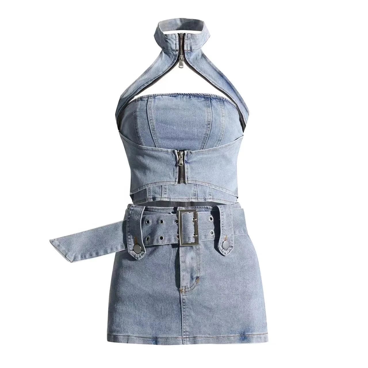 OUDINA 2024 Spring New Style Sexy Halterneck Off-shoulder Short Denim Vest Tight Mini Skirt Women Two Piece Set