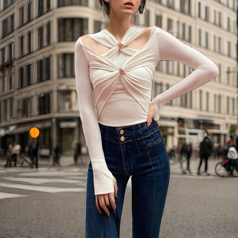 OUDINA 2024 Spring New Style Women's Tight Top Long Sleeve Hollow Twist Design Versatile Slim Female Tops And T-shirt