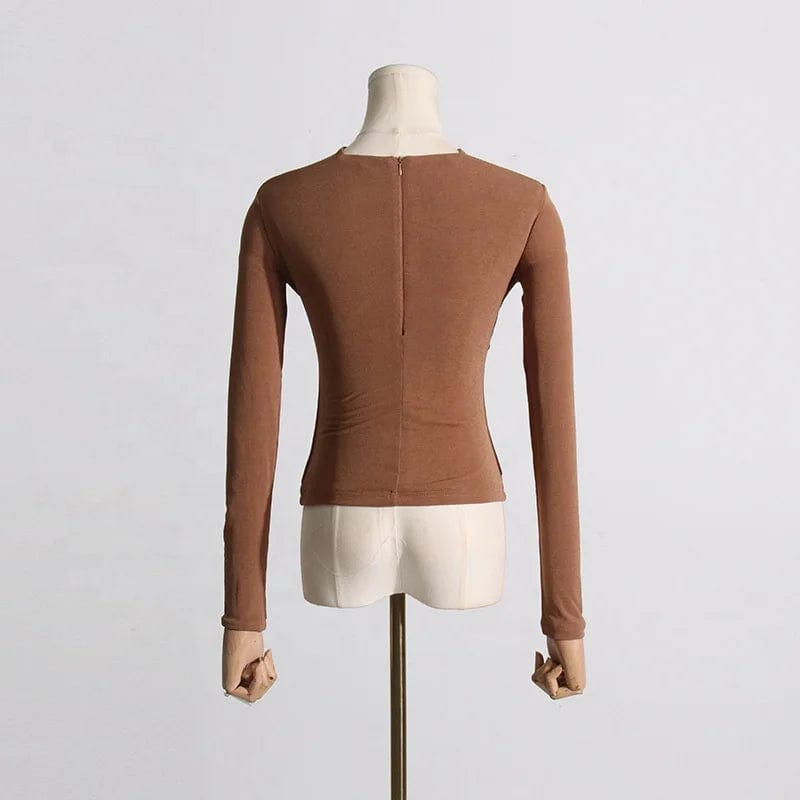 OUDINA 2024 Spring New Style Women's Tight Top Long Sleeve Hollow Twist Design Versatile Slim Female Tops And T-shirt