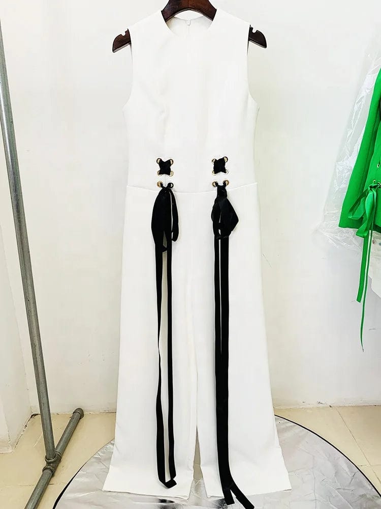 OUDINA 2024 Spring New Wide Leg Jumpsuit European Station Star Fashion Ribbon Lace-up Sleeveless Formal Ladies Jumpsuits
