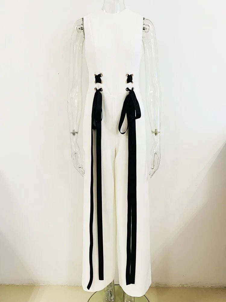 OUDINA 2024 Spring New Wide Leg Jumpsuit European Station Star Fashion Ribbon Lace-up Sleeveless Formal Ladies Jumpsuits
