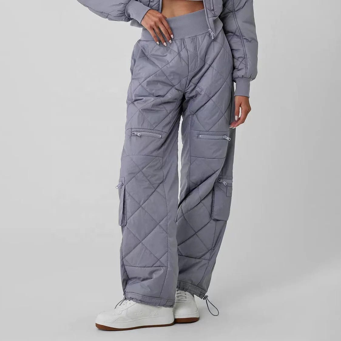 OUDINA 2024 Stylish High-waisted 6 Pocket Trouser Winter Zipper Splicing Long Cotton Cargo Pants Women