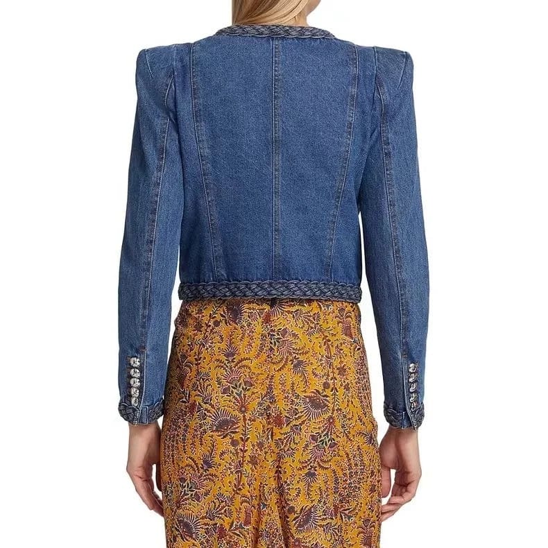 OUDINA 2024 Wholesale Cropped Woven Delicate Shoulder Pad Jean Jackets Ladies Women Denim Jacket