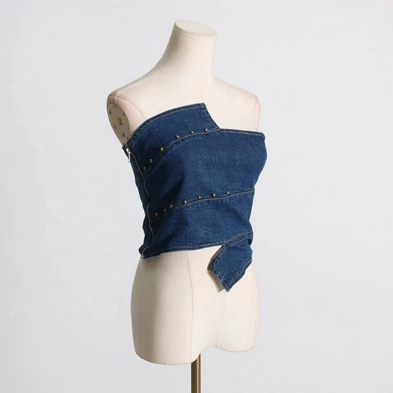 OUDINA 2024 Wholesale Sexy Hot Girl Retro Blue Denim Crop Women Tube Top New Slim Short Ladies Tank Top