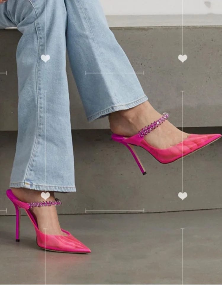 OUDINA Fashion Stiletto Pointed Ladies Shoe Rhinestone Transparent Sandals High Heels Shoes For Women