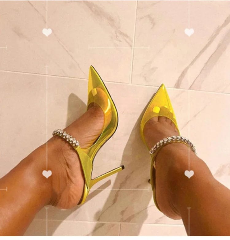 OUDINA Fashion Stiletto Pointed Ladies Shoe Rhinestone Transparent Sandals High Heels Shoes For Women