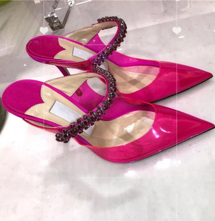 OUDINA Fashion Stiletto Pointed Ladies Shoe Rhinestone Transparent Sandals High Heels Shoes For Women