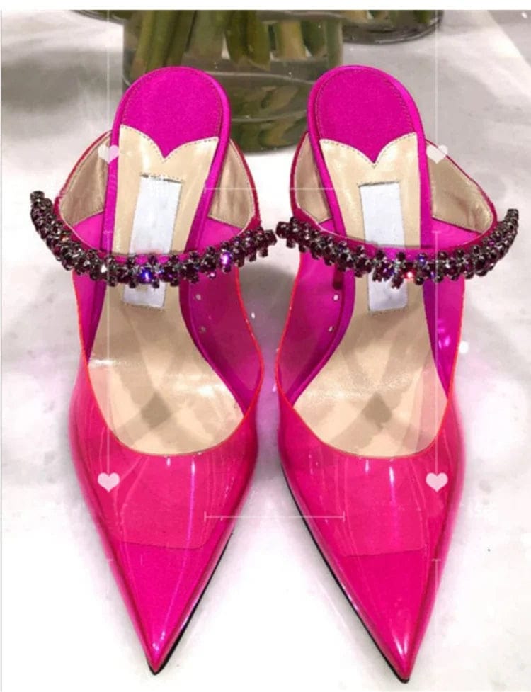 OUDINA Fashion Stiletto Pointed Ladies Shoe Rhinestone Transparent Sandals High Heels Shoes For Women
