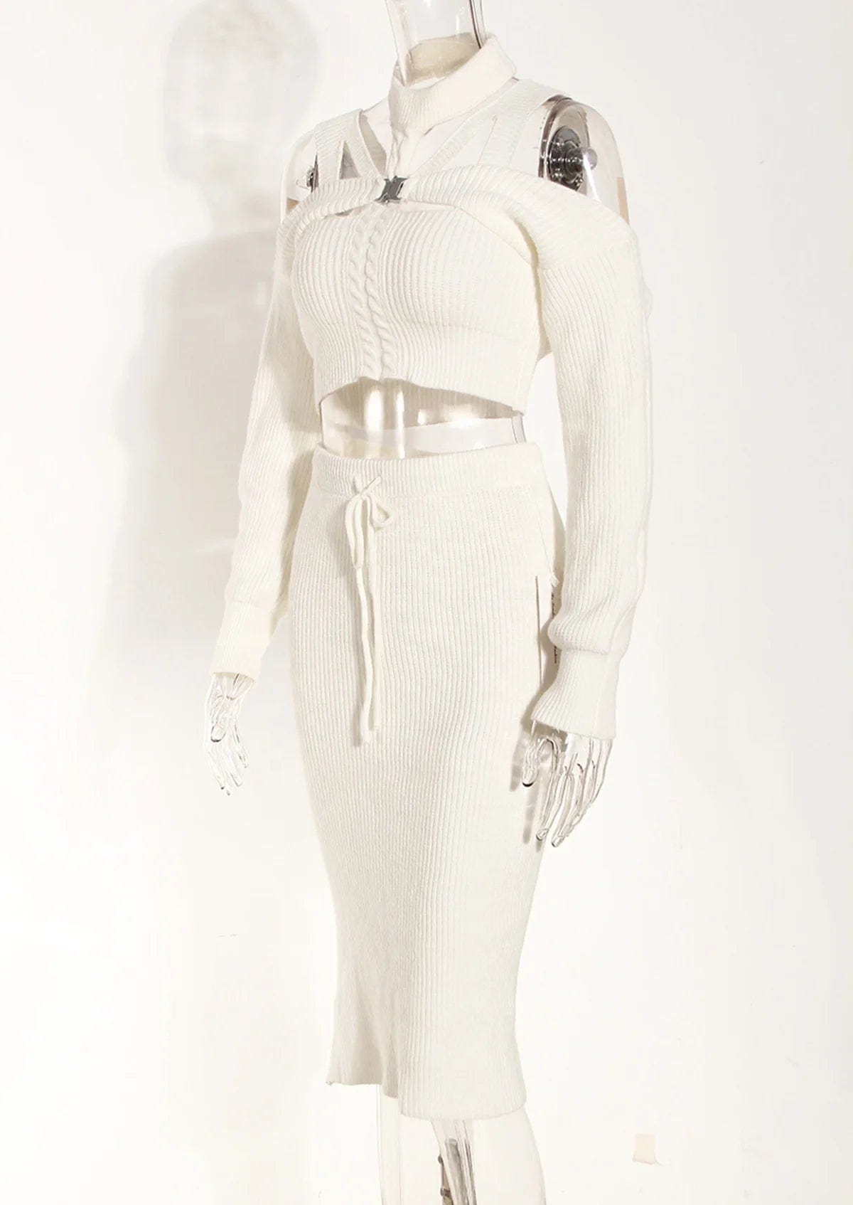 OUDINA Fashionable Women's Winter High Waist Zipper Skirts Sets Knitted Halter Neck Skirt And Top Set For Women