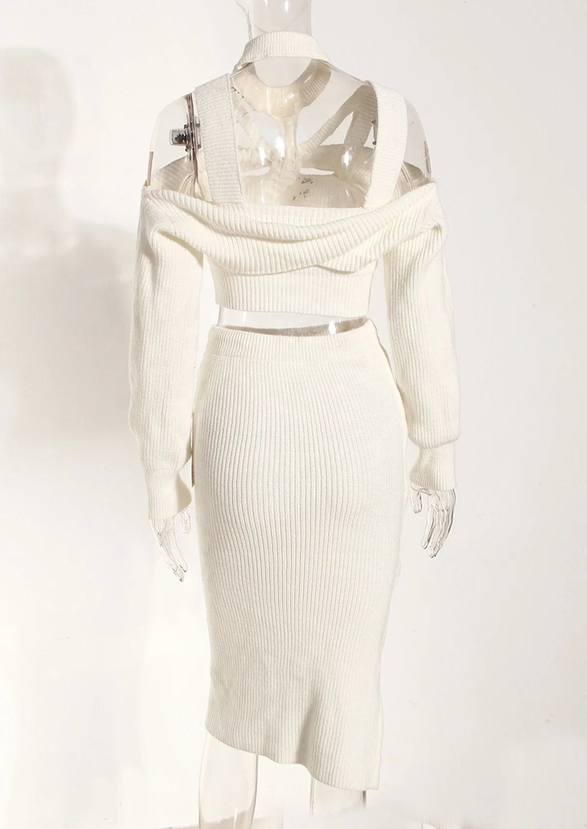 OUDINA Fashionable Women's Winter High Waist Zipper Skirts Sets Knitted Halter Neck Skirt And Top Set For Women