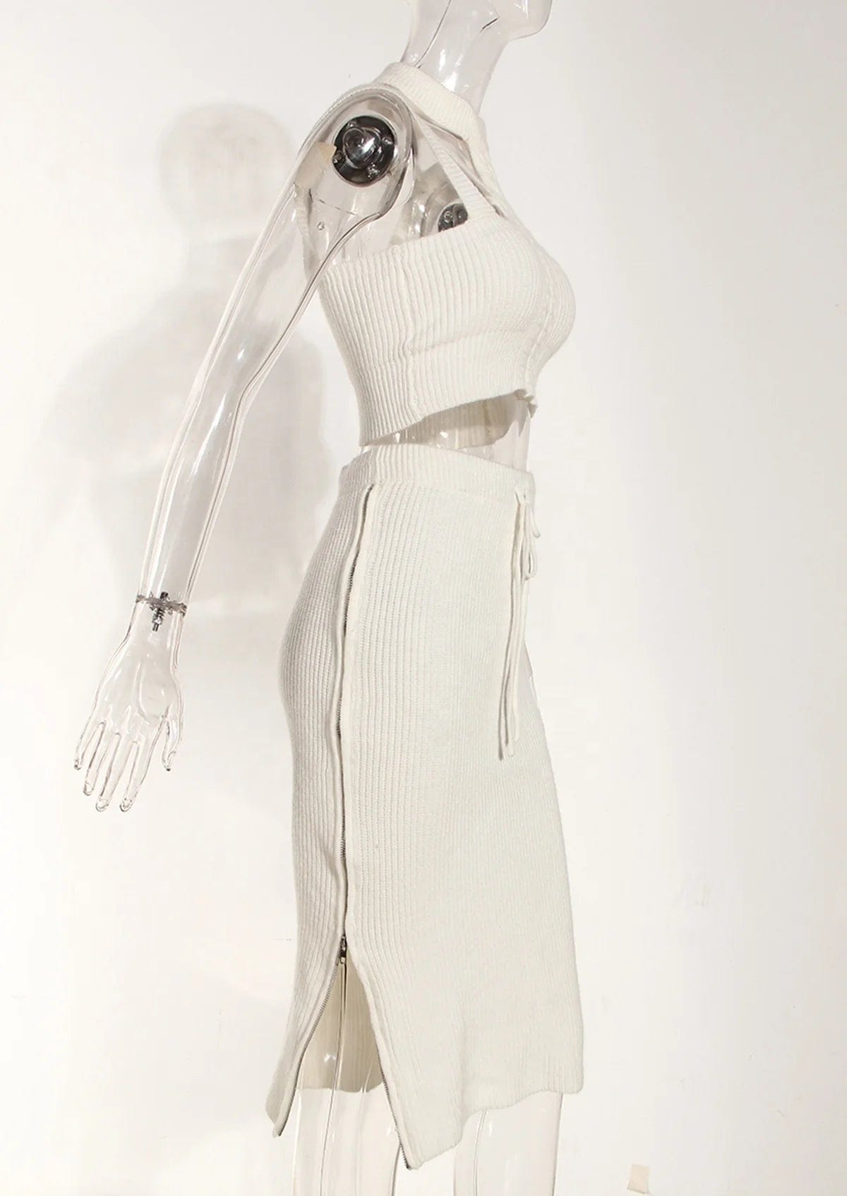 OUDINA Fashionable Women's Winter High Waist Zipper Skirts Sets Knitted Halter Neck Skirt And Top Set For Women