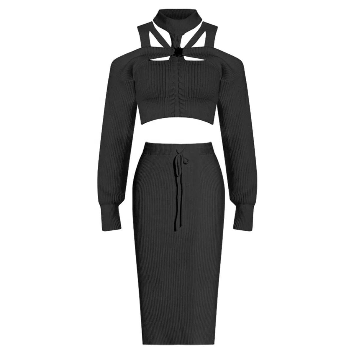 OUDINA Fashionable Women's Winter High Waist Zipper Skirts Sets Knitted Halter Neck Skirt And Top Set For Women