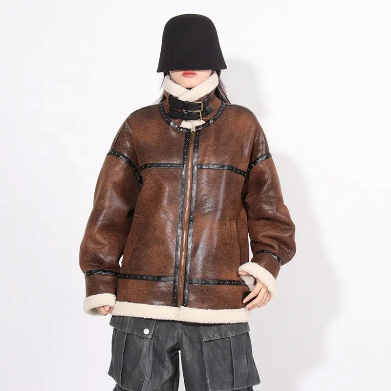 OUDINA French Style Lamb Fur Jacket  Autumn And Winter New Stitching Lace-up Vintage Leather Jackets For Women 2024