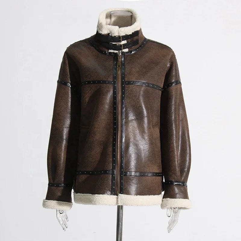 OUDINA French Style Lamb Fur Jacket  Autumn And Winter New Stitching Lace-up Vintage Leather Jackets For Women 2024