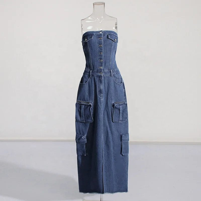 OUDINA Hot Girl Women's Denim Dresses 2024 New Stitching Pocket Waist Slimming Tube Long Dress For Women