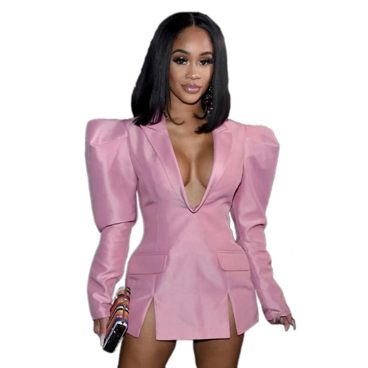Oudina Hot Sale Fashion V-neck Design Sense Long Sleeve Jacket Women Pink Blazer Dress