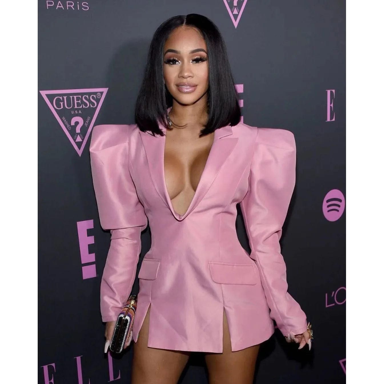 Oudina Hot Sale Fashion V-neck Design Sense Long Sleeve Jacket Women Pink Blazer Dress