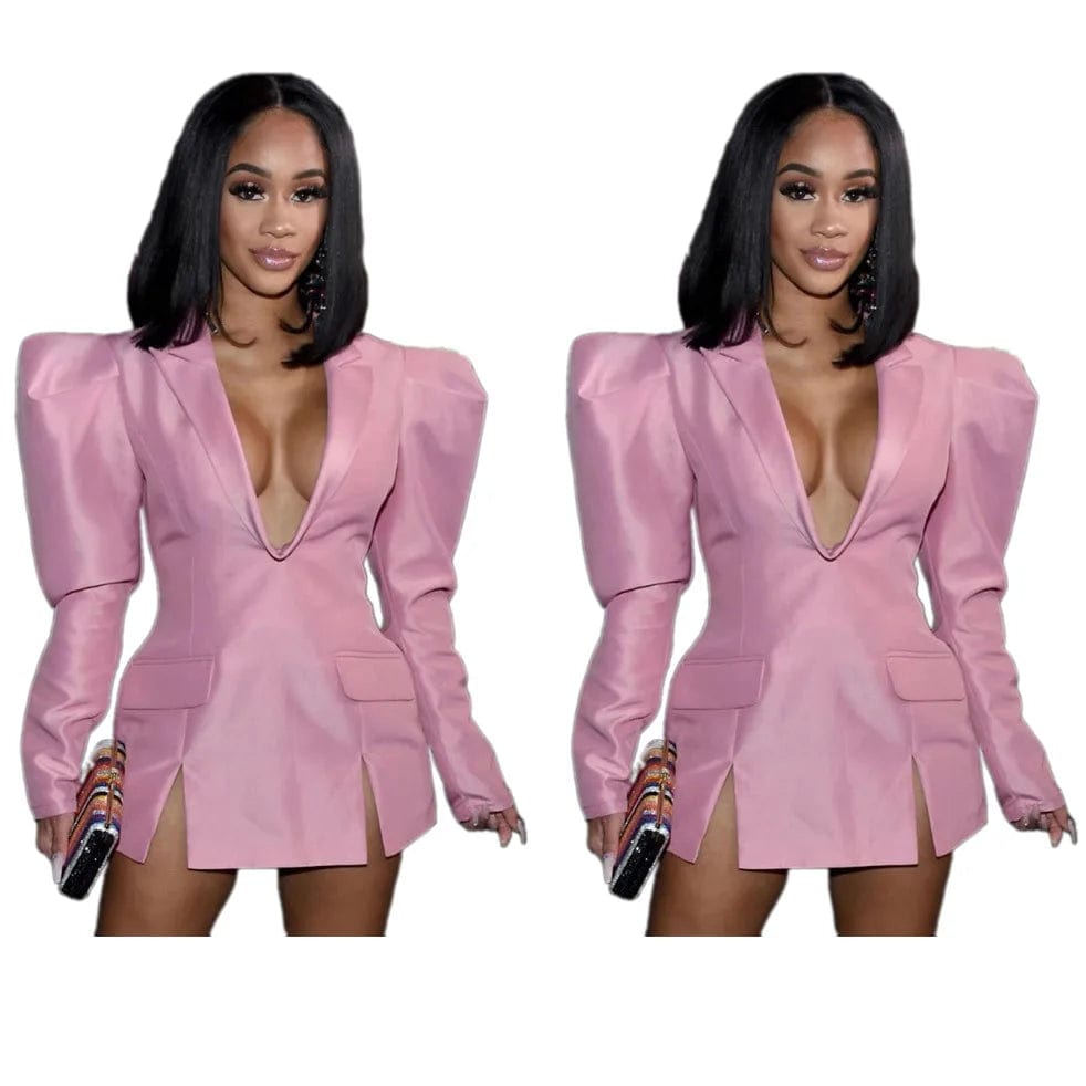 Oudina Hot Sale Fashion V-neck Design Sense Long Sleeve Jacket Women Pink Blazer Dress