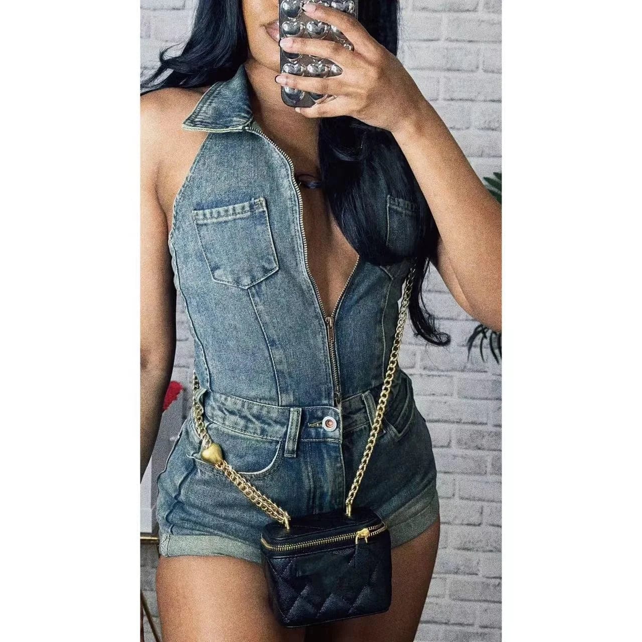 OUDINA Hotselling POLO Zipper High Waist Shorts Jumpsuits Women's Overalls & Jumpsuits Denim Rompers Women Jumpsuit