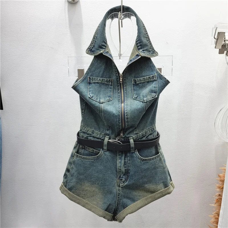 OUDINA Hotselling POLO Zipper High Waist Shorts Jumpsuits Women's Overalls & Jumpsuits Denim Rompers Women Jumpsuit