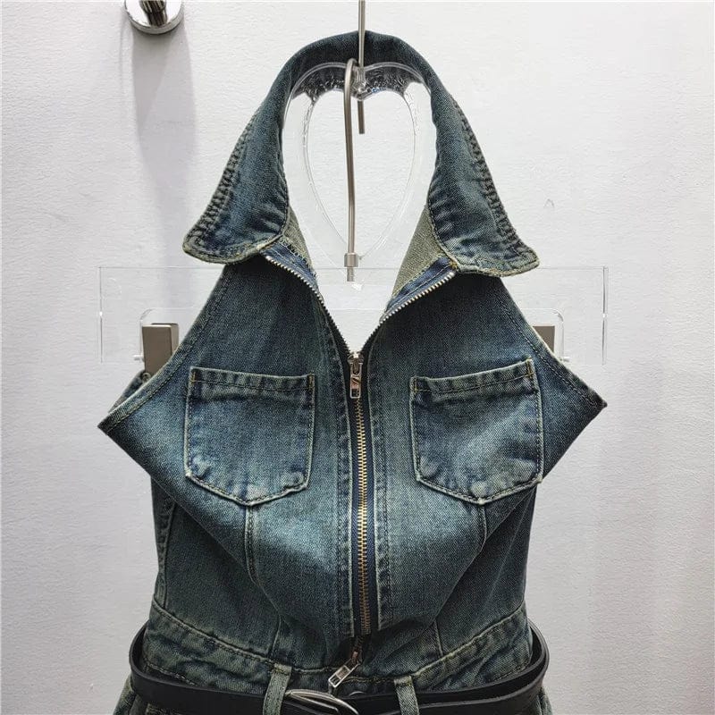 OUDINA Hotselling POLO Zipper High Waist Shorts Jumpsuits Women's Overalls & Jumpsuits Denim Rompers Women Jumpsuit