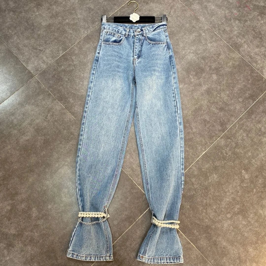 OUDINA New Fashion Style Boot cut Pants Belt Knee Decoration Splicing Hot Girl Jeans Pants For Women