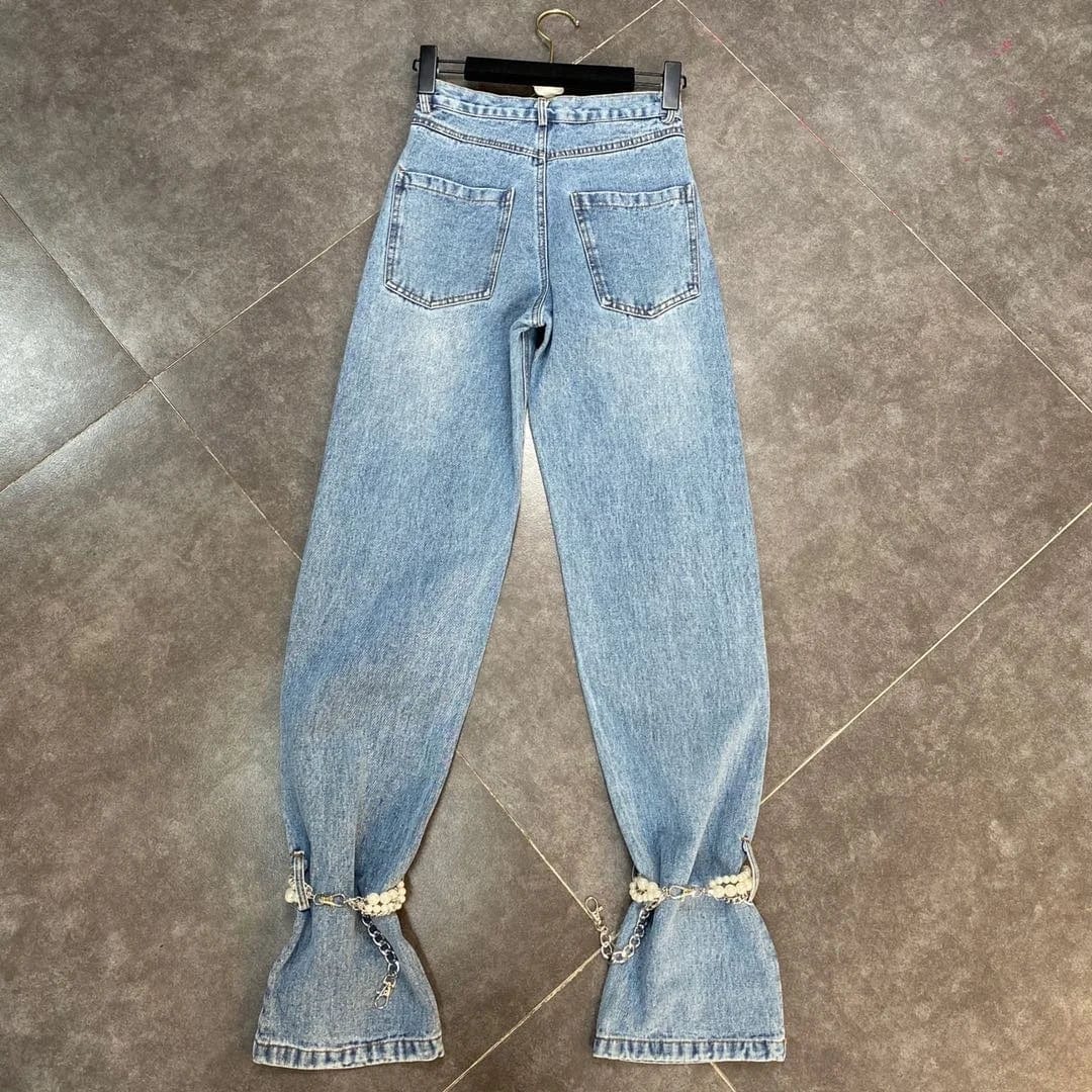 OUDINA New Fashion Style Boot cut Pants Belt Knee Decoration Splicing Hot Girl Jeans Pants For Women