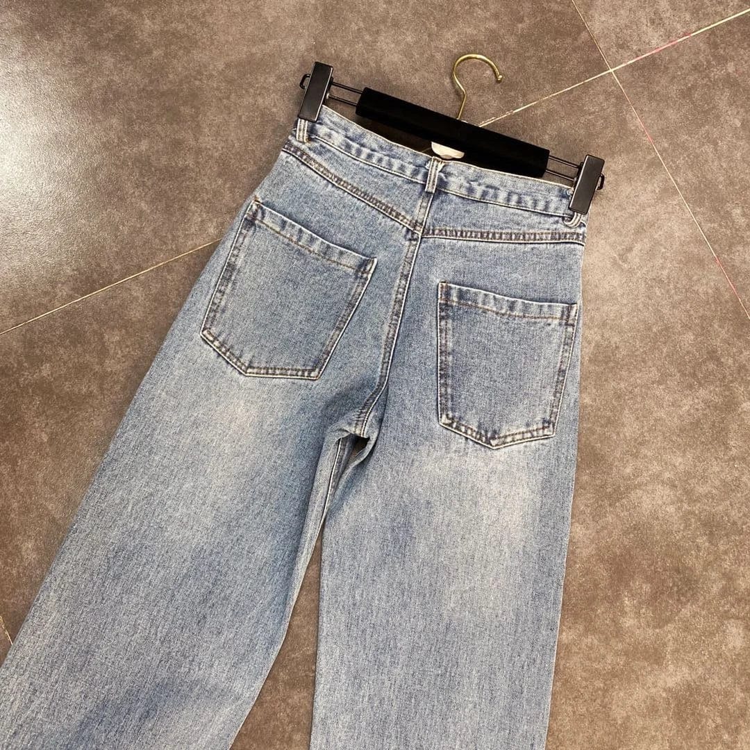 OUDINA New Fashion Style Boot cut Pants Belt Knee Decoration Splicing Hot Girl Jeans Pants For Women