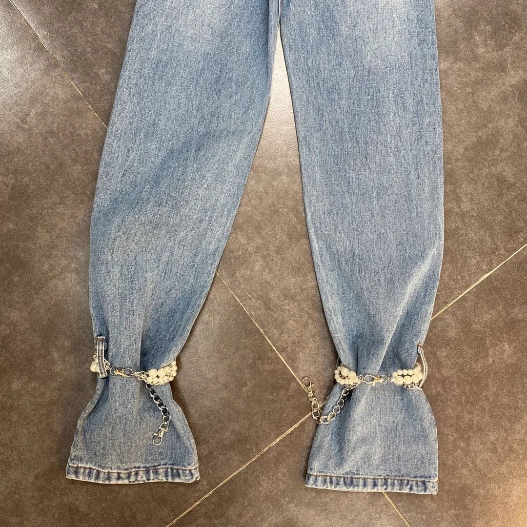 OUDINA New Fashion Style Boot cut Pants Belt Knee Decoration Splicing Hot Girl Jeans Pants For Women
