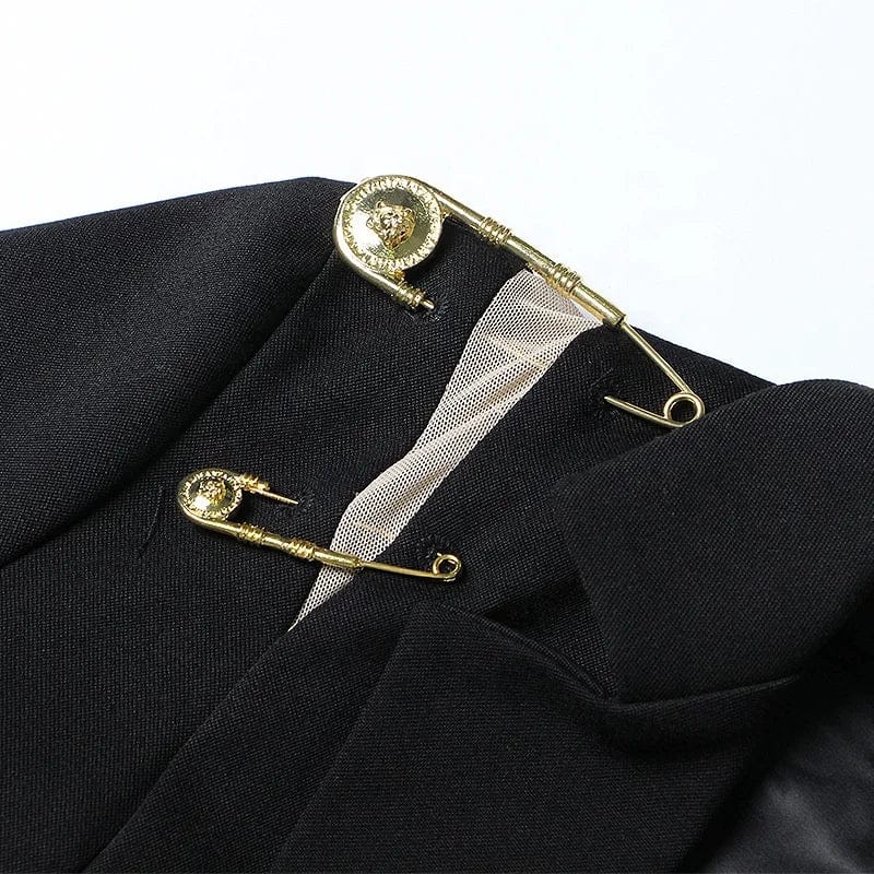 OUDINA New Style Black Blazers Damas Mujeres 2024 Shoulder Mesh Patchwork Pin Decoration Blazer For Woman