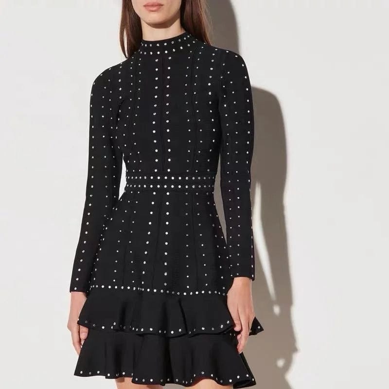 OUDINA Stylish High End Handmade Black Beaded Sequins Ruffled Waist Knitted Dress Women's Elegant Party Women Clothing Dresses