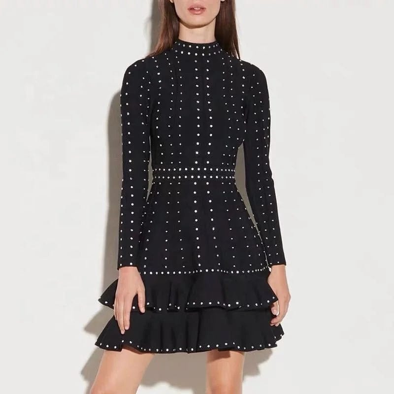 OUDINA Stylish High End Handmade Black Beaded Sequins Ruffled Waist Knitted Dress Women's Elegant Party Women Clothing Dresses