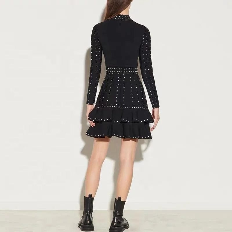 OUDINA Stylish High End Handmade Black Beaded Sequins Ruffled Waist Knitted Dress Women's Elegant Party Women Clothing Dresses