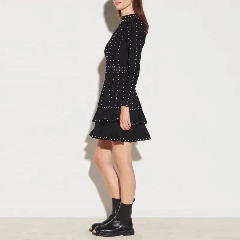 OUDINA Stylish High End Handmade Black Beaded Sequins Ruffled Waist Knitted Dress Women's Elegant Party Women Clothing Dresses